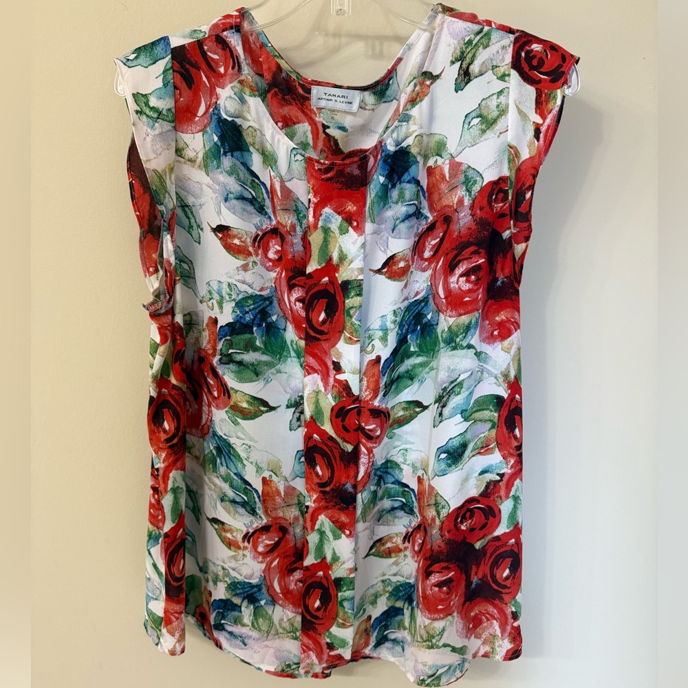 Tahari Red and Green Floral Blouse